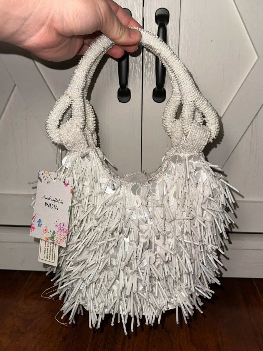 Handcrafted in India White Fringe Beaded Shoulder Bag in White